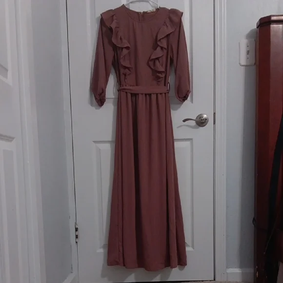 Roolee Dusty Rose Ruffle Long Sleeve Dress - Picture 1 of 5